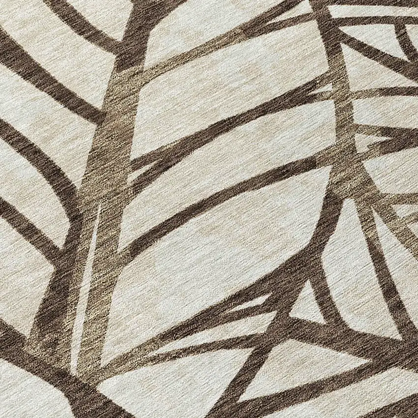 8' Chocolate And Beige Round Floral Washable Indoor Outdoor Area Rug Photo 9