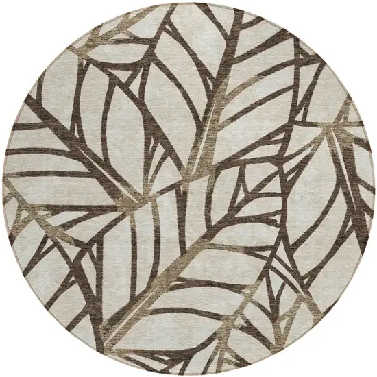 8' Chocolate And Beige Round Floral Washable Indoor Outdoor Area Rug Photo 6