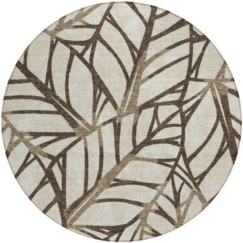 8' Chocolate And Beige Round Floral Washable Indoor Outdoor Area Rug Photo 6