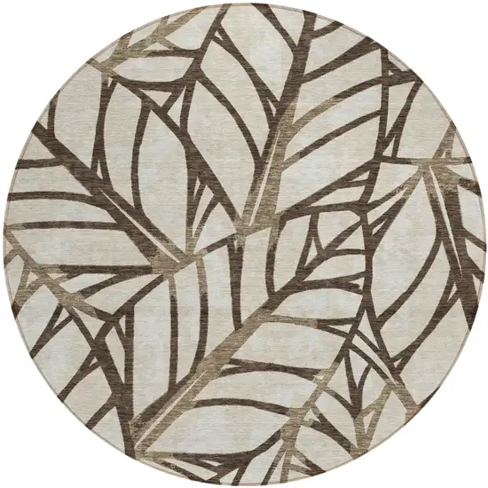 8' Chocolate And Beige Round Floral Washable Indoor Outdoor Area Rug Photo 2