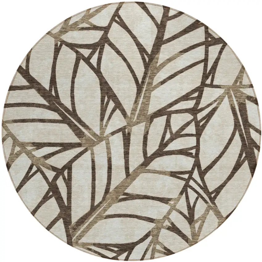 8' Chocolate And Beige Round Floral Washable Indoor Outdoor Area Rug Photo 2