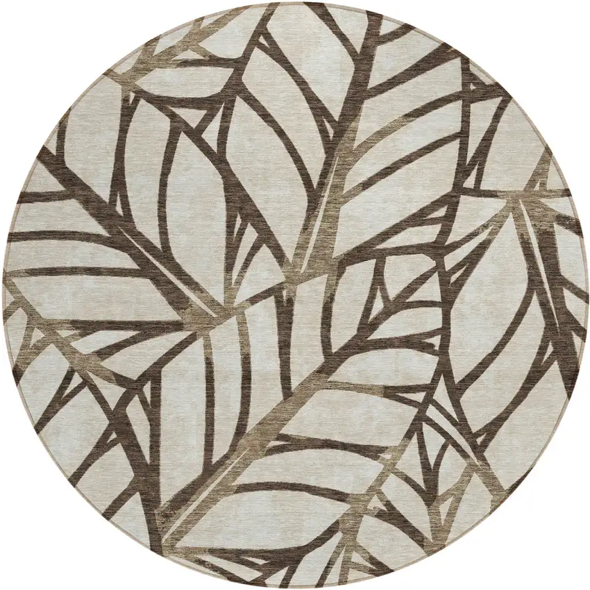 8' Chocolate And Beige Round Floral Washable Indoor Outdoor Area Rug Photo 2