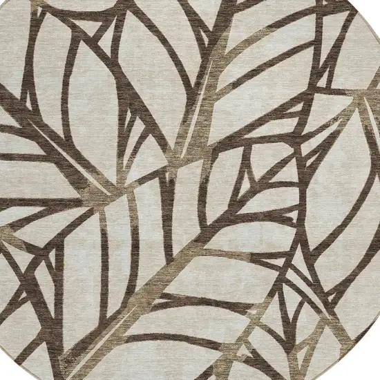 8' Chocolate And Beige Round Floral Washable Indoor Outdoor Area Rug Photo 4