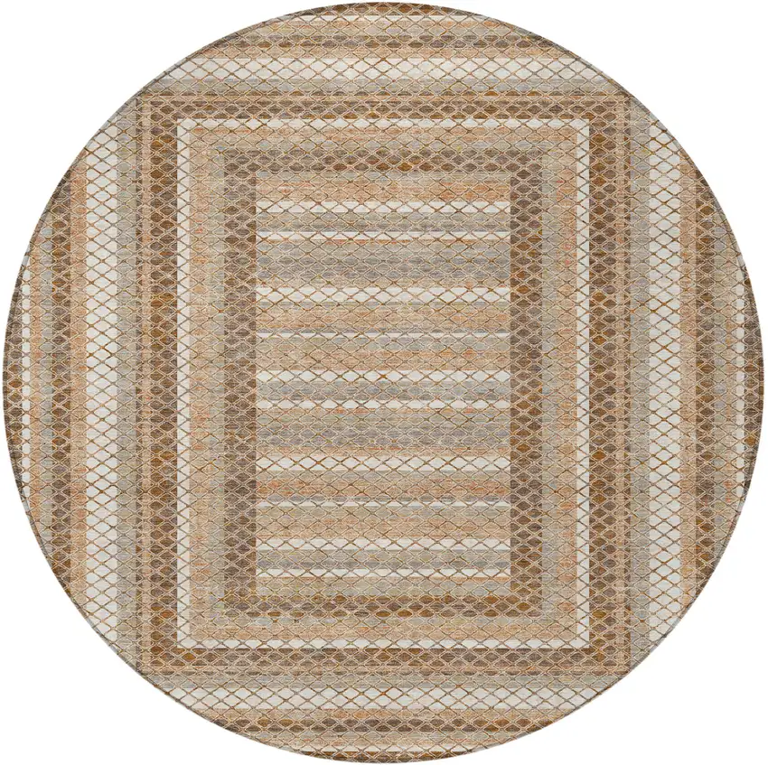 8' Chocolate And Beige Round Geometric Washable Indoor Outdoor Area Rug Photo 4