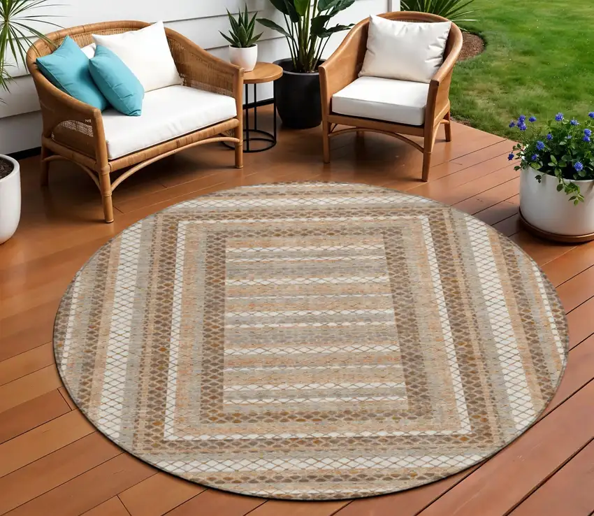 8' Chocolate And Beige Round Geometric Washable Indoor Outdoor Area Rug Photo 2