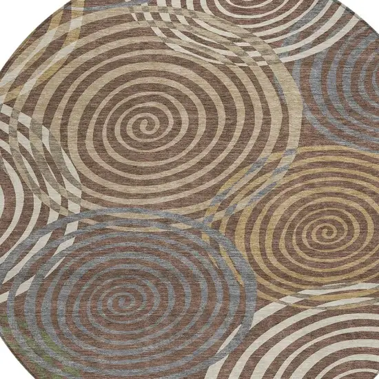 8' Chocolate And Beige Round Geometric Washable Indoor Outdoor Area Rug Photo 2