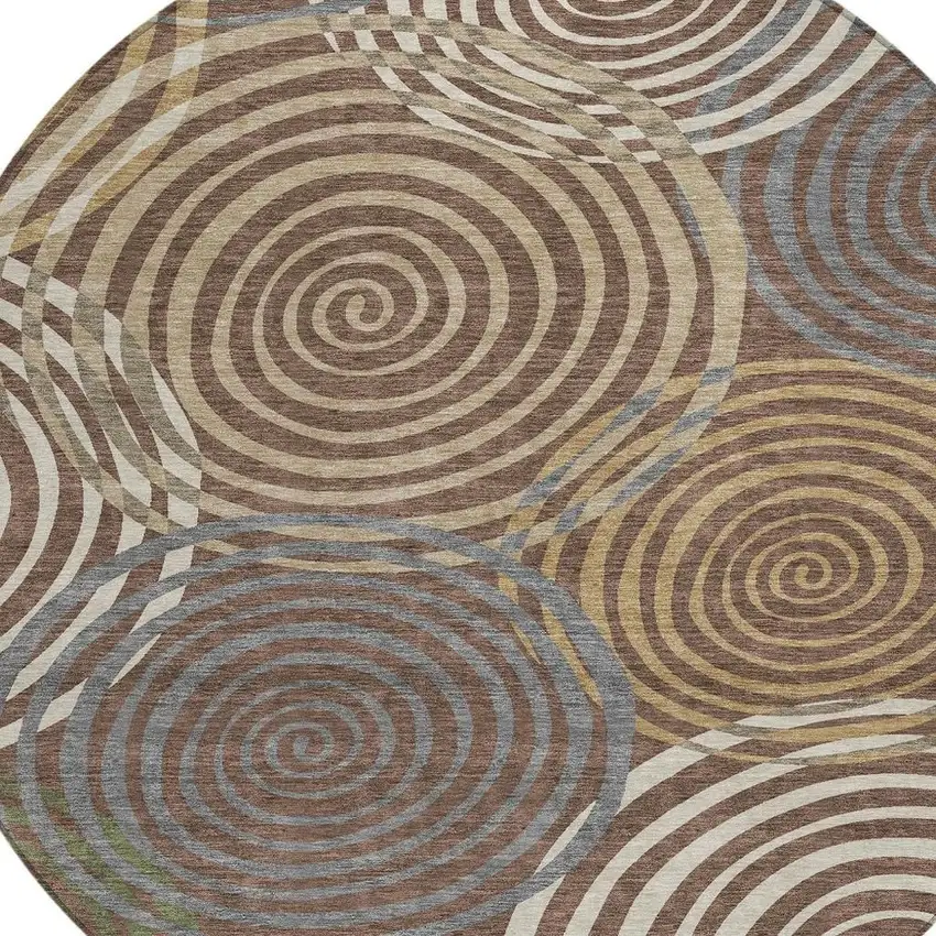 8' Chocolate And Beige Round Geometric Washable Indoor Outdoor Area Rug Photo 2