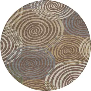 Photo of 8' Chocolate And Beige Round Geometric Washable Indoor Outdoor Area Rug
