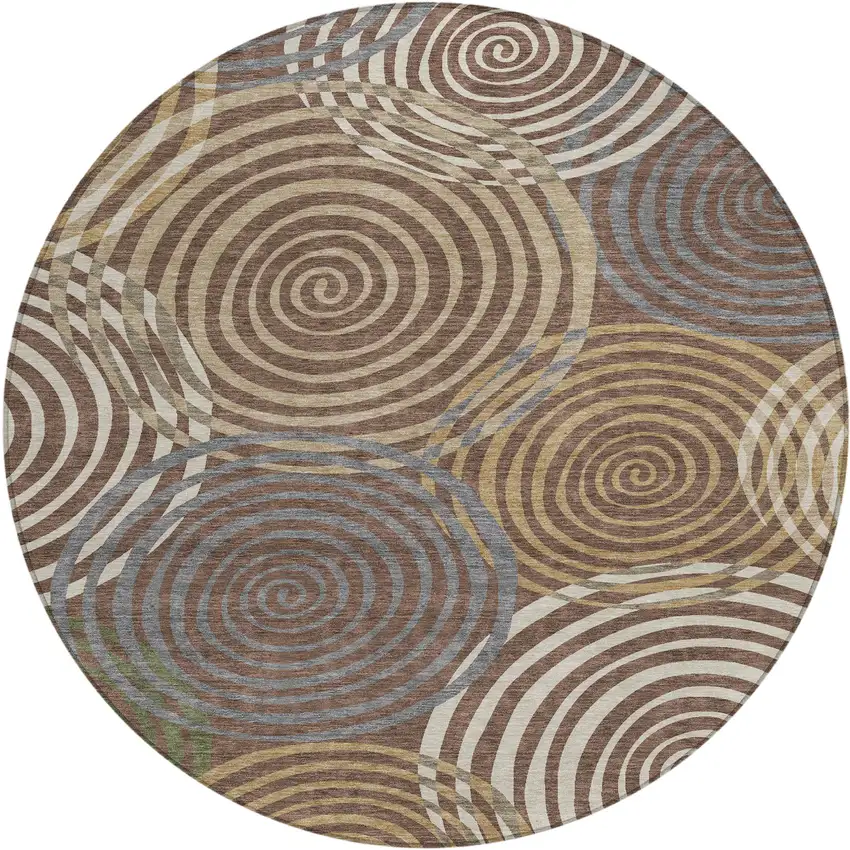 8' Chocolate And Beige Round Geometric Washable Indoor Outdoor Area Rug Photo 1