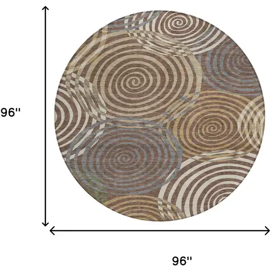 8' Chocolate And Beige Round Geometric Washable Indoor Outdoor Area Rug Photo 8