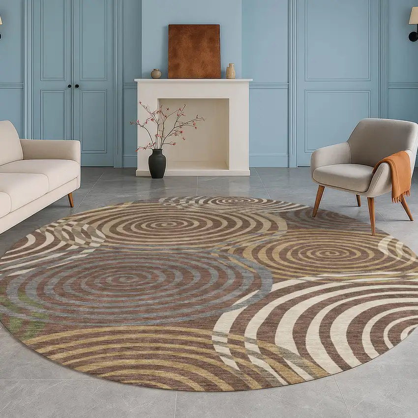8' Chocolate And Beige Round Geometric Washable Indoor Outdoor Area Rug Photo 5