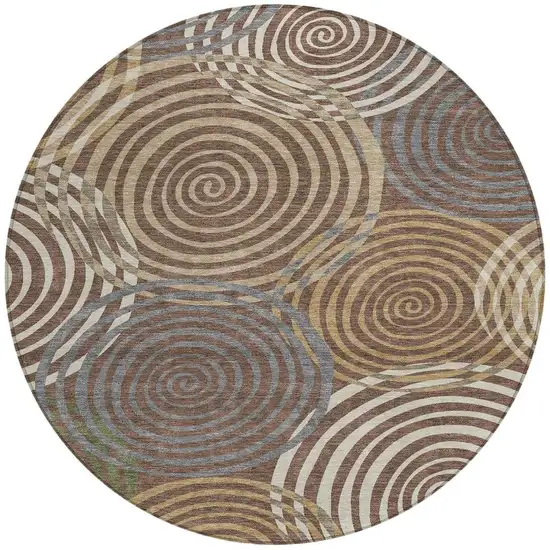 8' Chocolate And Beige Round Geometric Washable Indoor Outdoor Area Rug Photo 3