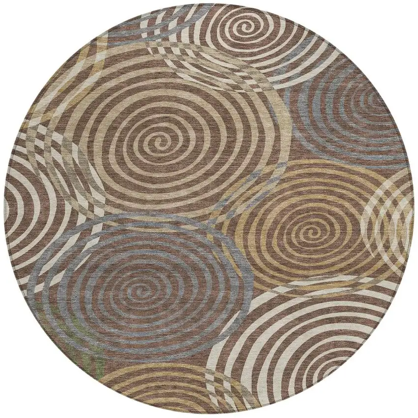 8' Chocolate And Beige Round Geometric Washable Indoor Outdoor Area Rug Photo 3