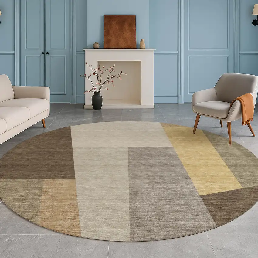 8' Chocolate And Beige Round Geometric Washable Indoor Outdoor Area Rug Photo 5