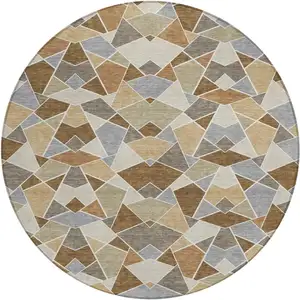 Photo of 8' Chocolate And Beige Round Geometric Washable Indoor Outdoor Area Rug