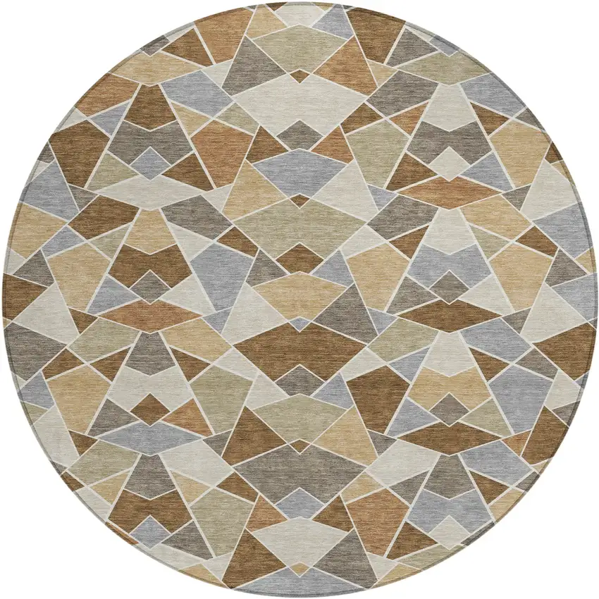 8' Chocolate And Beige Round Geometric Washable Indoor Outdoor Area Rug Photo 1