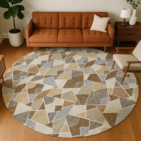 8' Chocolate And Beige Round Geometric Washable Indoor Outdoor Area Rug Photo 5