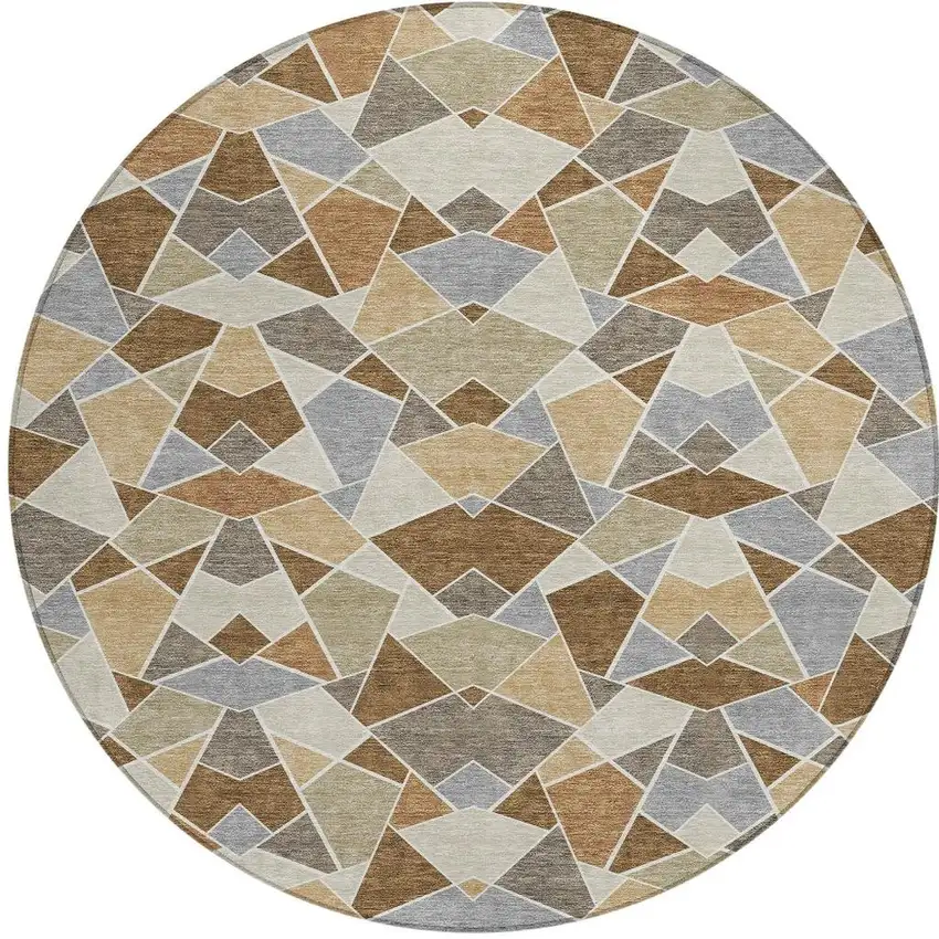 8' Chocolate And Beige Round Geometric Washable Indoor Outdoor Area Rug Photo 3