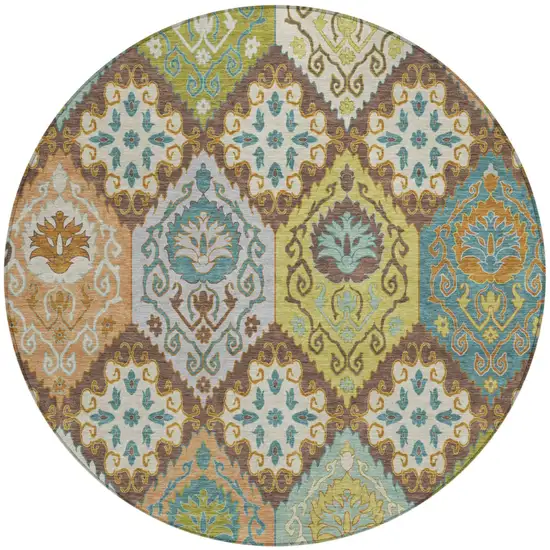 8' Chocolate And Beige Round Geometric Washable Indoor Outdoor Area Rug Photo 1