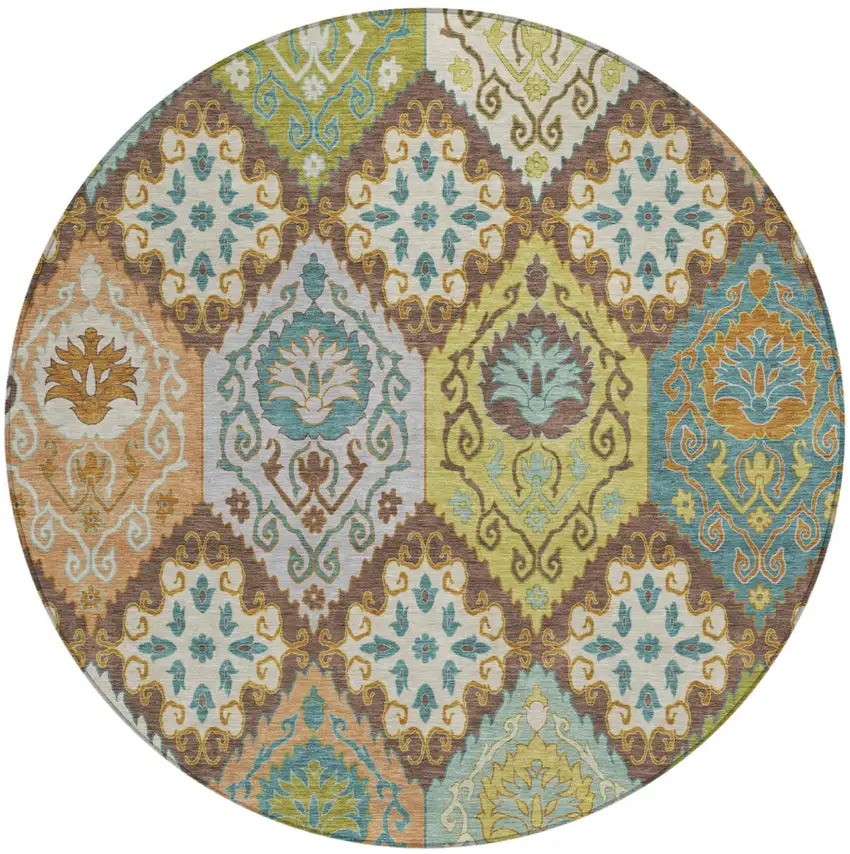 8' Chocolate And Beige Round Geometric Washable Indoor Outdoor Area Rug Photo 1