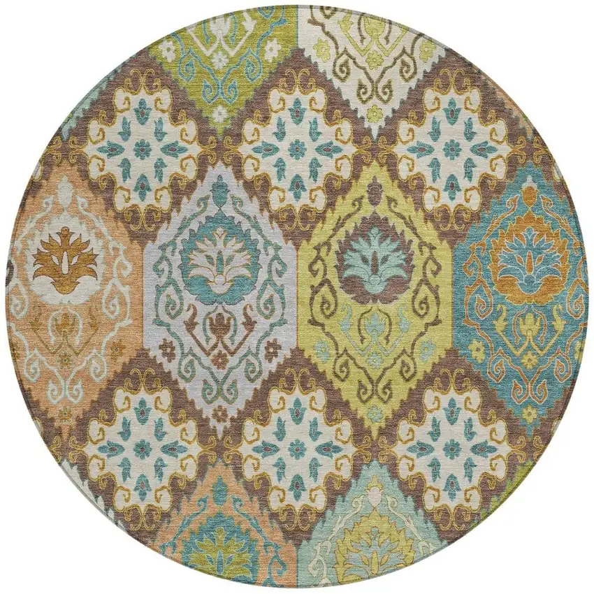 8' Chocolate And Beige Round Geometric Washable Indoor Outdoor Area Rug Photo 2