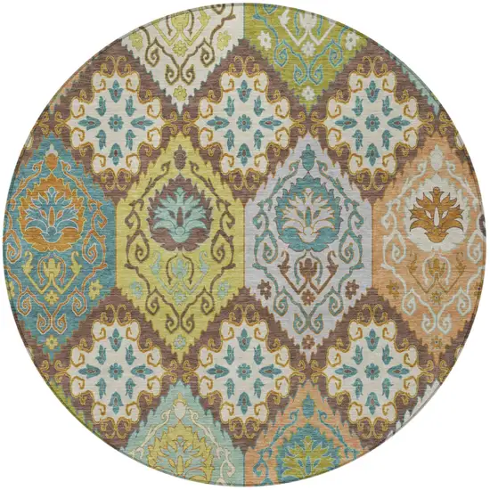 8' Chocolate And Beige Round Geometric Washable Indoor Outdoor Area Rug Photo 3