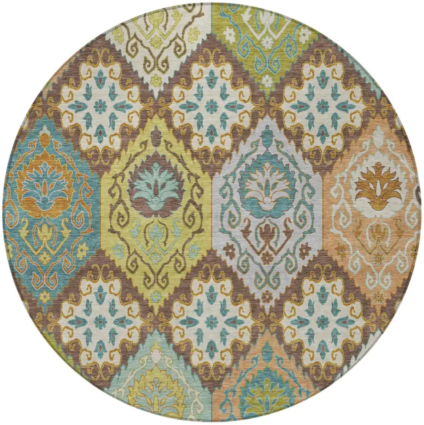 8' Chocolate And Beige Round Geometric Washable Indoor Outdoor Area Rug Photo 3