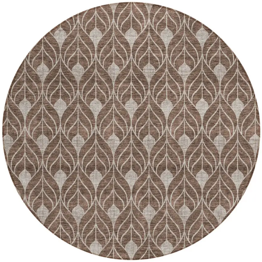 8' Chocolate And Beige Round Geometric Washable Indoor Outdoor Area Rug Photo 6