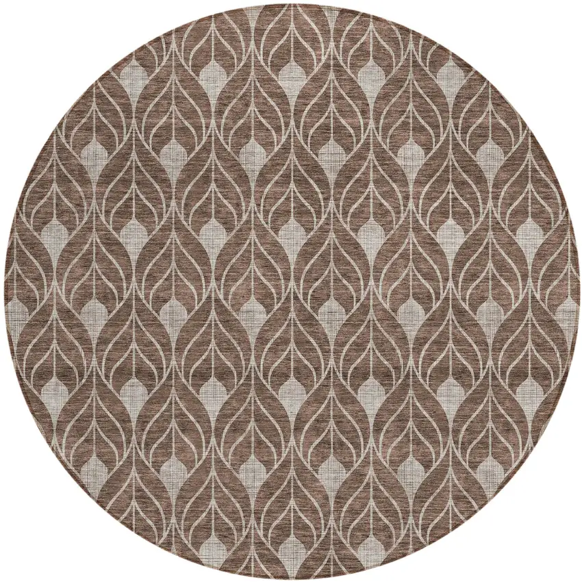 8' Chocolate And Beige Round Geometric Washable Indoor Outdoor Area Rug Photo 2