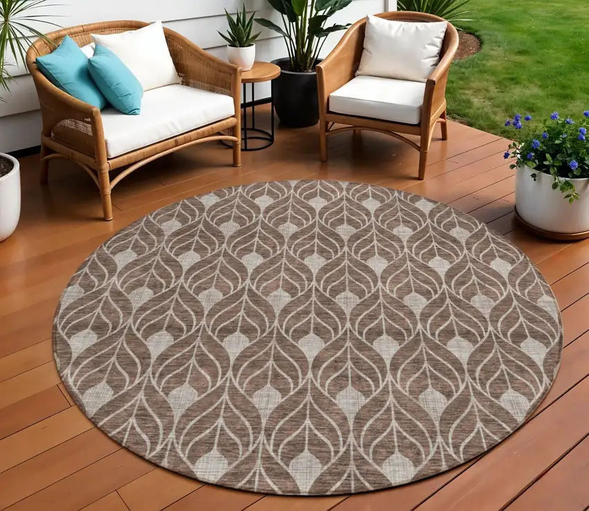 8' Chocolate And Beige Round Geometric Washable Indoor Outdoor Area Rug Photo 1