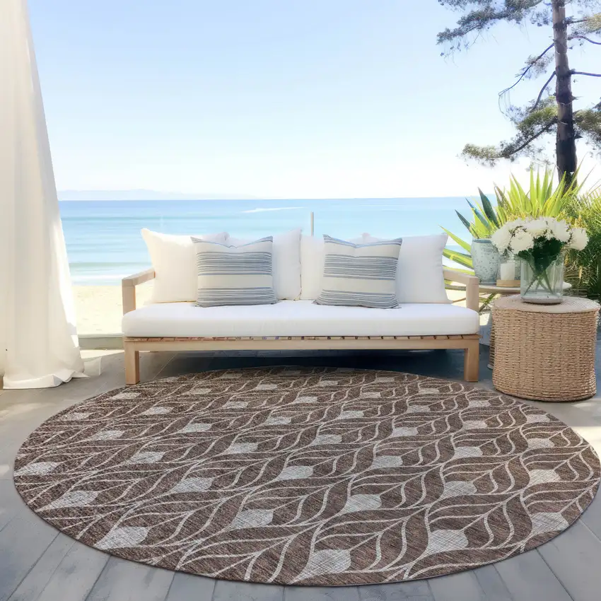 8' Chocolate And Beige Round Geometric Washable Indoor Outdoor Area Rug Photo 7