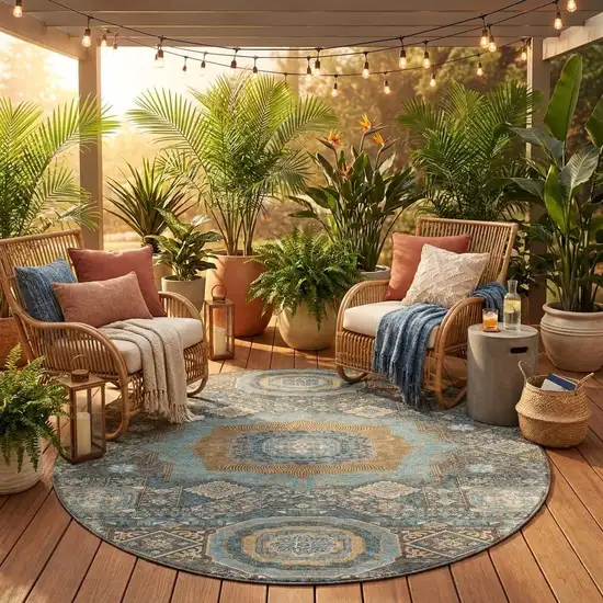 8' Chocolate And Beige Round Oriental Washable Indoor Outdoor Area Rug Photo 1