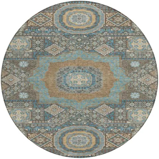 8' Chocolate And Beige Round Oriental Washable Indoor Outdoor Area Rug Photo 2
