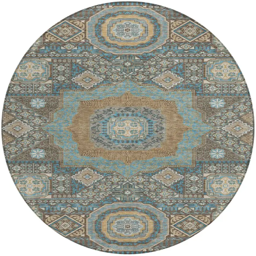 8' Chocolate And Beige Round Oriental Washable Indoor Outdoor Area Rug Photo 2