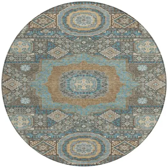 8' Chocolate And Beige Round Oriental Washable Indoor Outdoor Area Rug Photo 4
