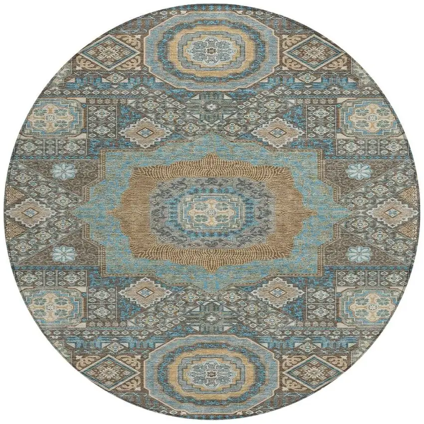 8' Chocolate And Beige Round Oriental Washable Indoor Outdoor Area Rug Photo 4