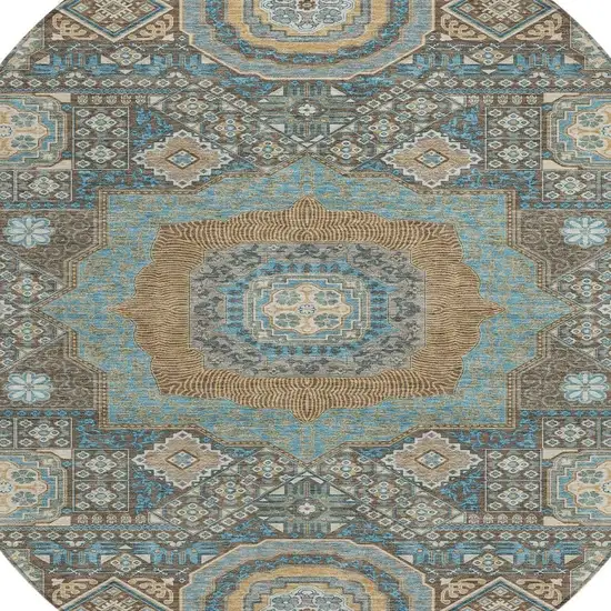 8' Chocolate And Beige Round Oriental Washable Indoor Outdoor Area Rug Photo 3