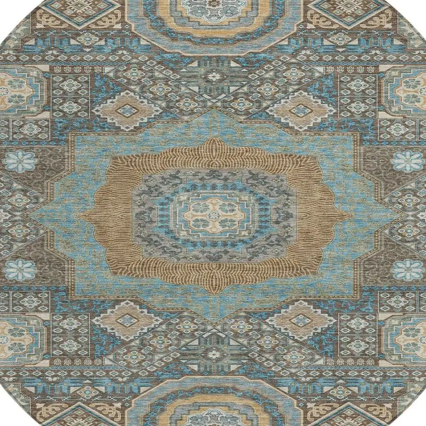 8' Chocolate And Beige Round Oriental Washable Indoor Outdoor Area Rug Photo 3