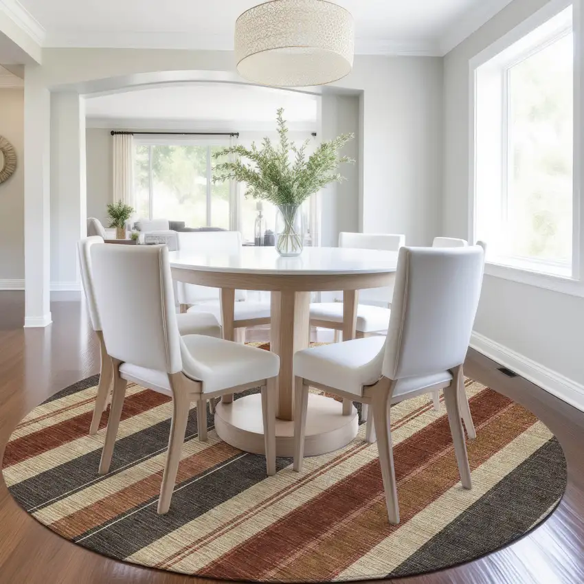 8' Chocolate And Beige Round Striped Washable Indoor Outdoor Area Rug Photo 7