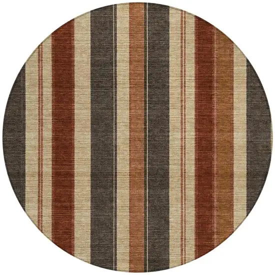 8' Chocolate And Beige Round Striped Washable Indoor Outdoor Area Rug Photo 3