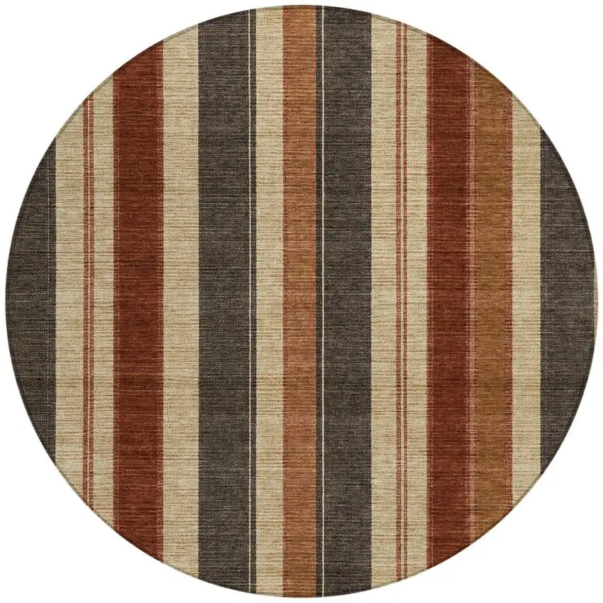 8' Chocolate And Beige Round Striped Washable Indoor Outdoor Area Rug Photo 3