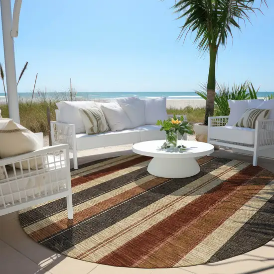 8' Chocolate And Beige Round Striped Washable Indoor Outdoor Area Rug Photo 6