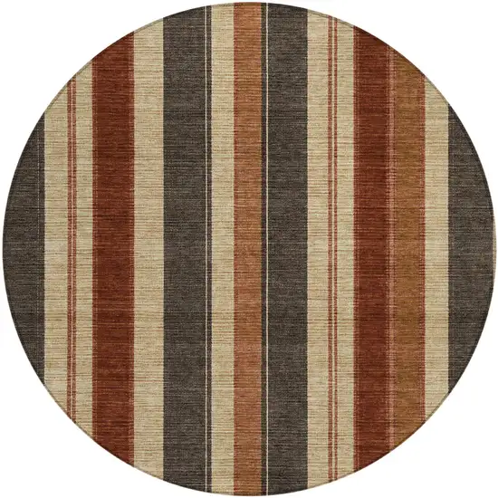 8' Chocolate And Beige Round Striped Washable Indoor Outdoor Area Rug Photo 1