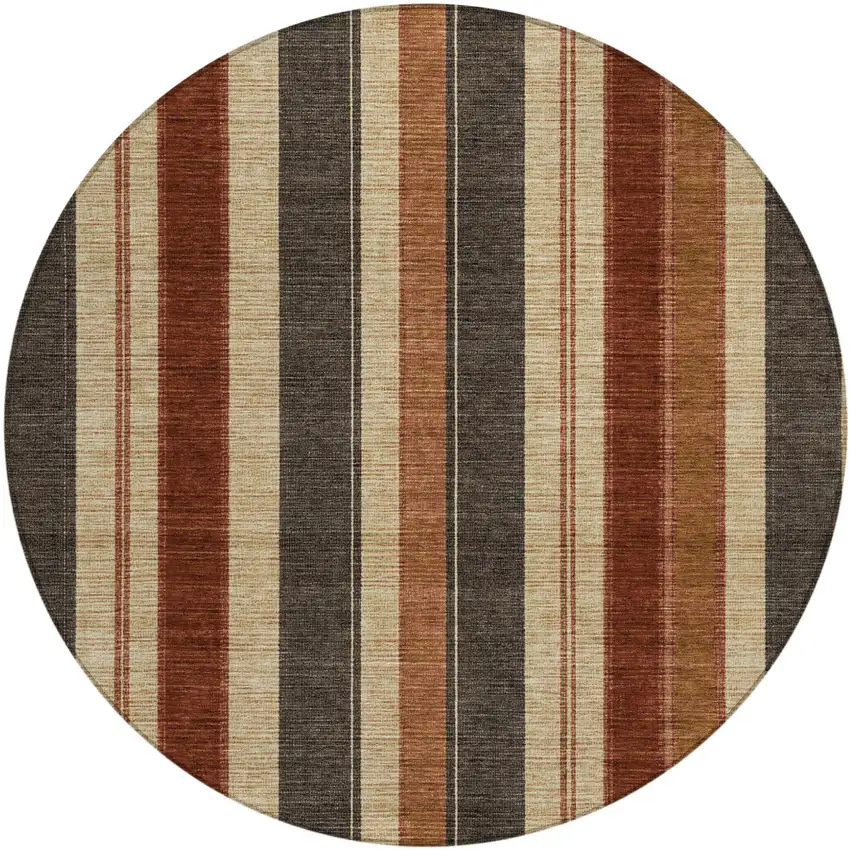 8' Chocolate And Beige Round Striped Washable Indoor Outdoor Area Rug Photo 1