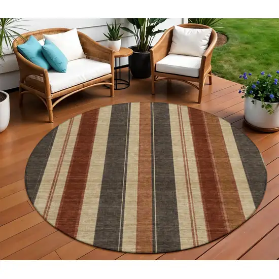 8' Chocolate And Beige Round Striped Washable Indoor Outdoor Area Rug Photo 2