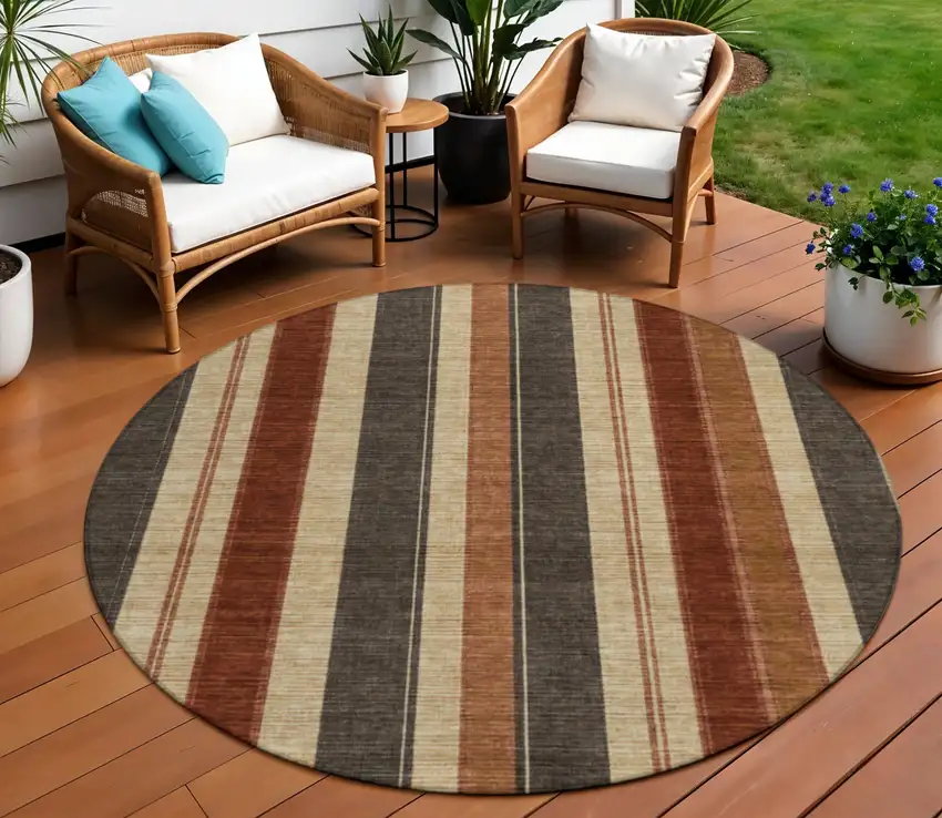 8' Chocolate And Beige Round Striped Washable Indoor Outdoor Area Rug Photo 2