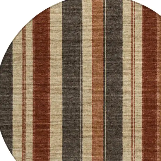 8' Chocolate And Beige Round Striped Washable Indoor Outdoor Area Rug Photo 9