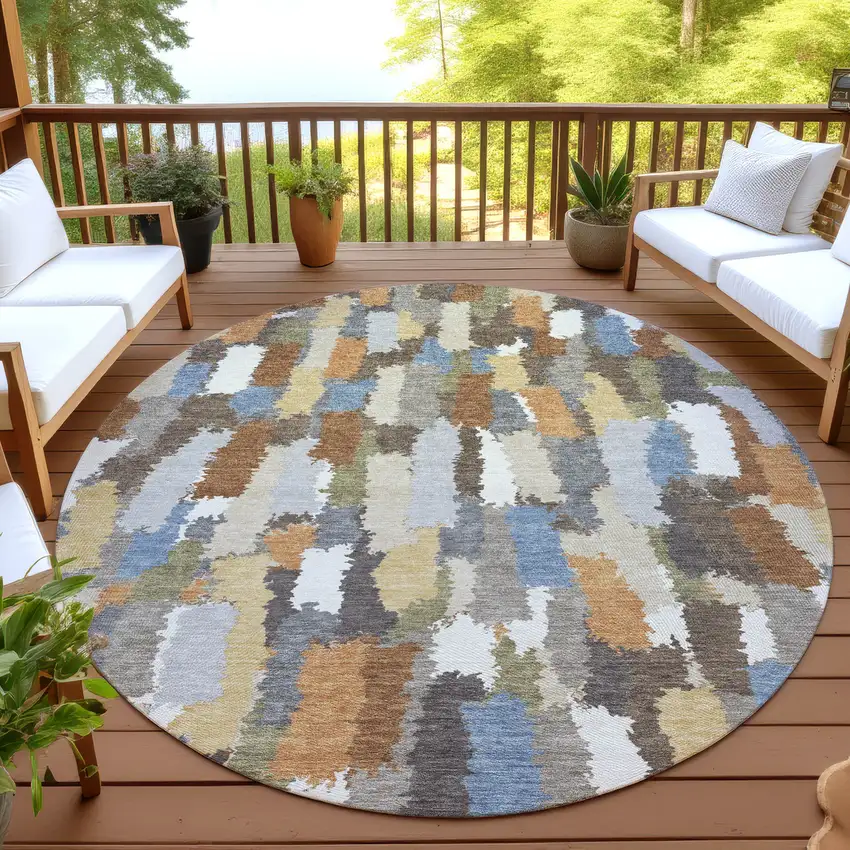 8' Chocolate And Beige Round Striped Washable Indoor Outdoor Area Rug Photo 4