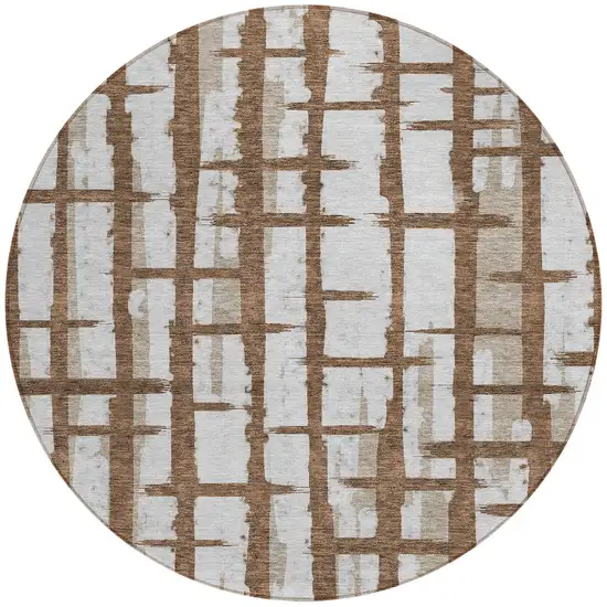 8' Chocolate And Beige Round Striped Washable Indoor Outdoor Area Rug Photo 5
