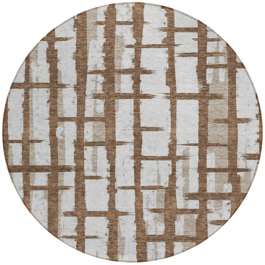 8' Chocolate And Beige Round Striped Washable Indoor Outdoor Area Rug Photo 5